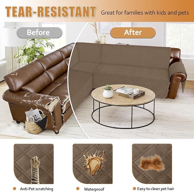 Arfntevss Waterproof Sectional Couch Covers L Shape Washable Velvet Sofa Cover for Sectional Non Slip Large Corner Slipcovers Dog 6 Pcs Universal U Shaped Furniture Protector (Light Brown, X-Large) - Image 7
