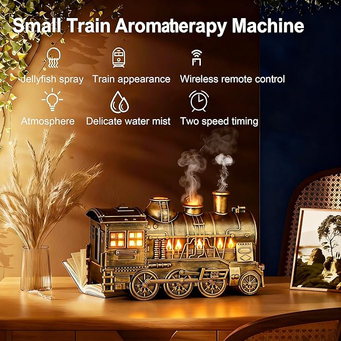 Valentine's Day Train Humidifier 300ml, Dual Mist Outlets Cool Mist Diffuser with 2/8H Timer, for Aromatherapy & Air Humidity, Desktop Decor(Bronze) - Image 5