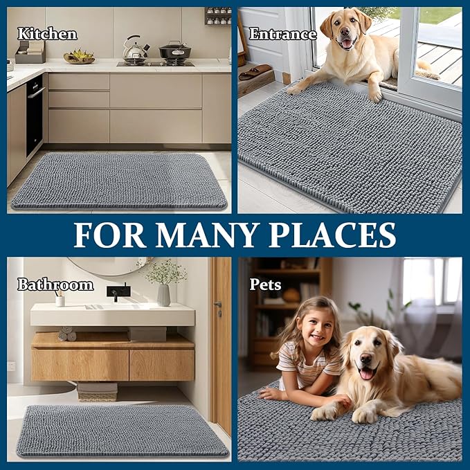 OLANLY Dog Door Mat for Muddy Paws 47x20, Absorbs Moisture and Dirt, Absorbent Non-Slip Washable Doormat, Quick Dry Chenille Mud Mat for Dogs, Entry Indoor Entryway Carpet for Inside Floor, Grey - Image 8