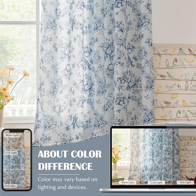 jinchan Linen Floral Curtains for Living Room 63 Inch Length Blue Printed Flower French Country Curtain Farmhouse Cottage Core Toile Curtains Back Tab Light Filtering Window Drapes Set 2 Panels - Image 5