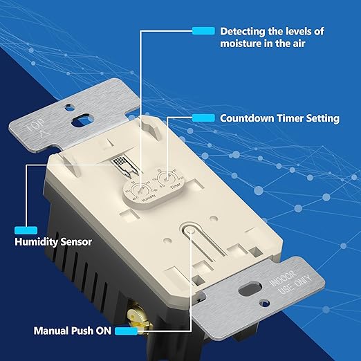 LIDER No Neutral Wire Required Humidity Sensor Switch, Automatic Humidity Control, Air Circulator, Adjustable Timing, 1-Pole, UL Listed, Light Almond, Wall Plate Included 2 Pack - Image 6