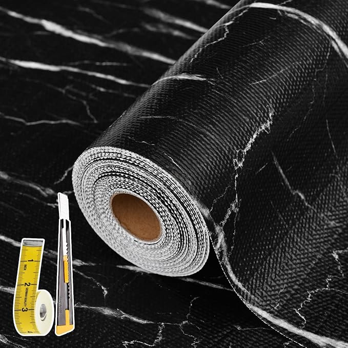 Drawer and Shelf Liner for Kitchen Cabinet: 17 in X 20 Ft Non Slip Waterproof Shelf Paper Non Adhesive Refrigerator Liners Black Marble Easy Liners for Bathroom with Knife Tape Measure by Kimhan