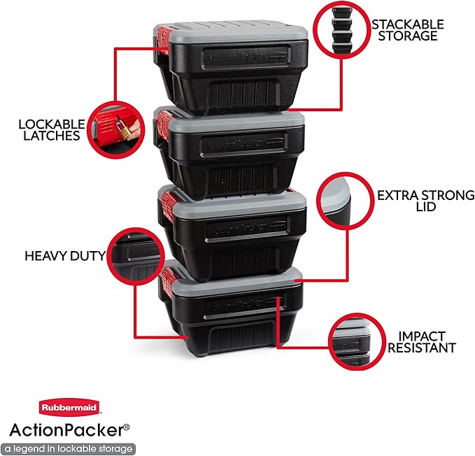 Rubbermaid® ActionPacker®️ 8 Gal Lockable Storage Box Pack of 4, Outdoor, Industrial, Rugged, Grey and Black - Image 7