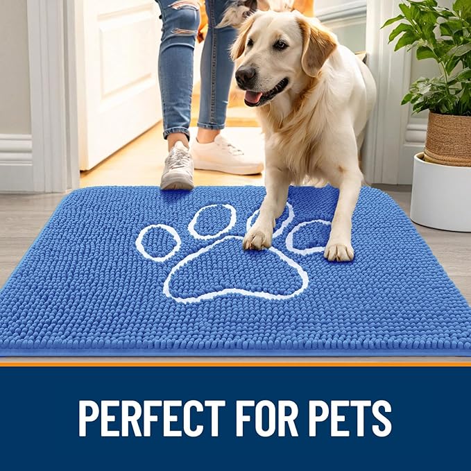 OLANLY Dog Door Mat for Muddy Paws 48x30, Paw Print Design, Absorbs Moisture and Dirt, Absorbent Non-Slip Washable Doormat, Quick Dry Chenille Mud Mat, Entry Indoor Entryway Carpet, Cornflower Blue - Image 6