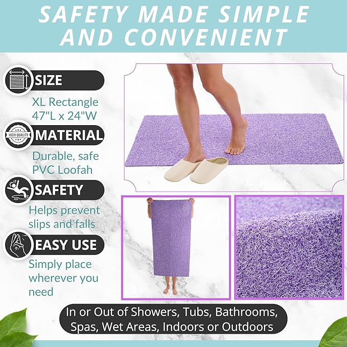 Soft Shower Mat Non Slip - PVC Loofah Inside or Outside Showers, Bathtubs, Bathrooms, and Wet Areas - Safe for Textured Tiled and Smooth Floor - No Suction Cups Secure Anti Slip (Purple Mix 24 x 47) - Image 3