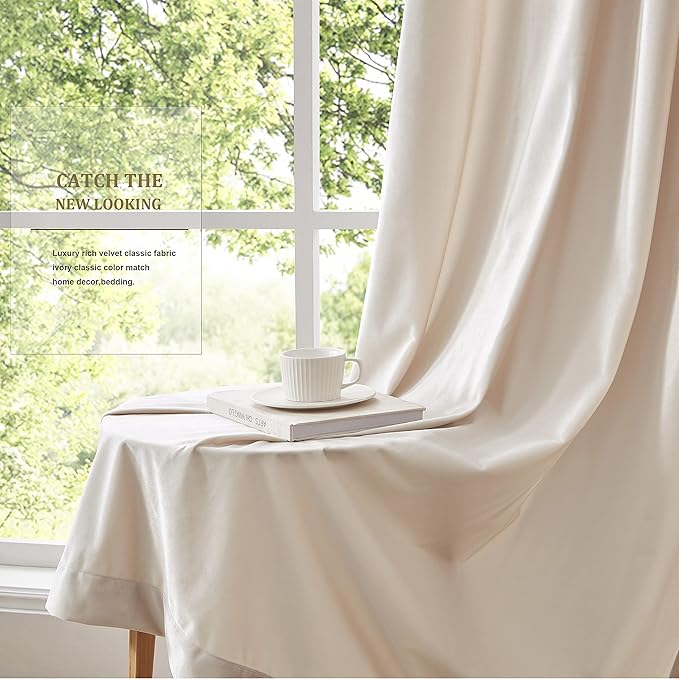 BULBUL Cream Velvet Curtains 72 inch:Ivory Luxury Elegant Living Room Curtain-Privacy Modern Light Blocking Thermal Insulated Soundproof Room Darkening Drapes for Classical Bedroom Set of 2 - Image 4