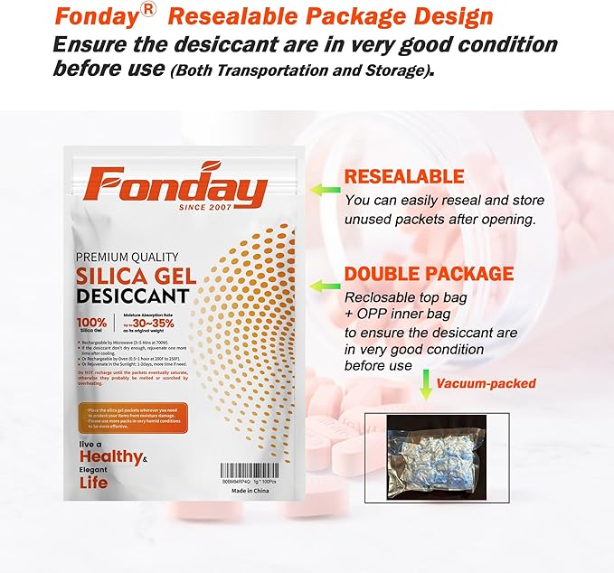 2g x 100 Packs Fonday Food Grade Silica Gel Desiccants Packs Moisture Absorbers Dehumidifier for Food Storage, Electronics, 3D Filament & Safes - Image 7
