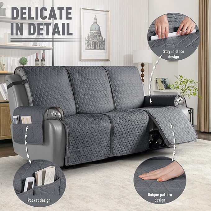 TAOCOCO 100% Waterproof Recliner Cover, Non-Slip Washable Reclining Couch Cover with Elastic Leg Straps, Furniture Protector for Dogs (Dark Gray, 3 Seater) - Image 6