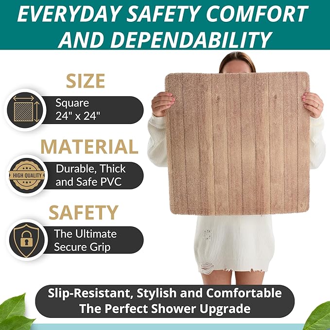 Anti Slip Shower Mat Square - Non Slip Shower Mats for Inside Shower - 24x24 Shower Floor Mat Non Slip - Square Bath Mat for Shower - Secure Loofah Shower Mat No Suction Cups (24x24 Wood Teak) - Image 3