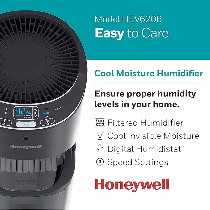 Honeywell Top Fill Tower Humidifier, Digital Humidistat, Black – Cool Mist Humidifiers for Bedroom, Home or Office with Space-Saving Tower Design - Image 2