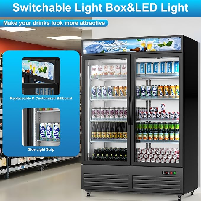 Commercial Beverage Refrigerator with 2 Glass Door, 41.3 Cu.Ft Display Fridge Beverage Cooler with Customizable Lightbox Adjustable Shelves, Drink Fridge Merchandiser for Restaurant Shop, Black - Image 2