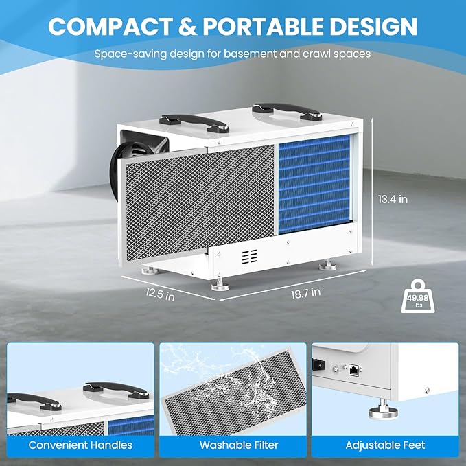 CADPXS Crawl Space Dehumidifier with Pump, 125 Pints Commercial Dehumidifiers with Drain Hose, Dehumidifier for Crawlspace, Basements & Water Damage Use, Auto Defrost, Memory Restart, cETL Listed - Image 8