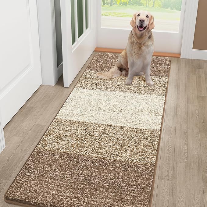 Smiry Dog Door Mat for Muddy Paws, Absorbs Moisture and Dirt, Low-Profile Entryway Mat with Non-Slip Backing, Entry Indoor Outdoor Doormat for Inside Floor (48x32 Inches, Khaki, Striped) by Smiry