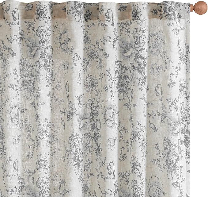 jinchan Linen Blend Curtain Floral Curtains for Living Room 63 Inch Length Grey Printed Curtain Rod Pocket Back Tab Farmhouse Peony Flower Patterned Drapes Bedroom Window Curtains Set 2 Panels - Image 7