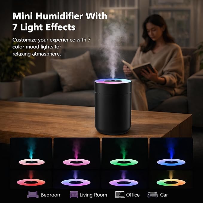 230ML Humidifier for Bedroom, Air Humidifier for Home, Plant Humidifiers Indoor Small with LED Colorful Gradient Light, USB Powered for Desk, Car, Travel, Hotel Room (Black) - Image 3