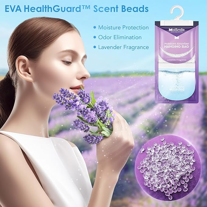 Moisture Absorbers 20 Pack Lavender Fragrance, Hanging Closet Dehumidifier Bags, Humidity Absorber, Compact Eliminates Odors Humidity Packs for Car, Bathroom, Bedroom, Basement, 9.8OZ - Image 9
