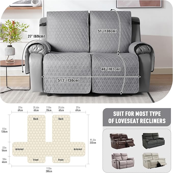 TAOCOCO 100% Waterproof Recliner Cover, Non-Slip Washable Reclining Couch Cover with Elastic Leg Straps, Furniture Protector for Dogs (Light Gray, 2 Seater) - Image 3