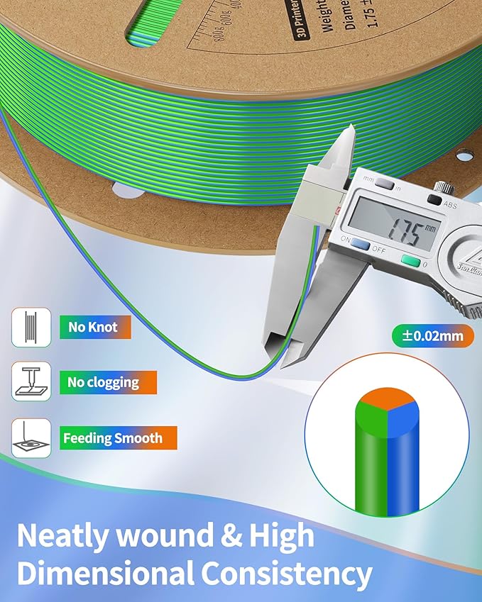 LANDU Silk Tri-Color PLA Filament 1.75mm 1Kg, Triple Color Silk PLA Filament, Silk Rainbow PLA Filament, Neatly Wound 3D Printer Filament, 3 In 1 Multi Color Filament +/-0.02mm, Silk Blue Green Orange - Image 4