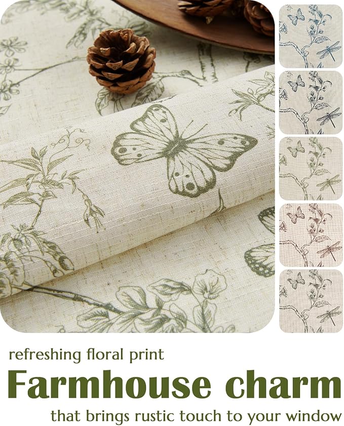 jinchan Floral Linen Curtains for Living Room 63 Inch Length Butterfly Sage Green Floral Curtains French Country Farmhouse Flower Patterned Drapes Window Treatments Set 2 Panels - Image 8