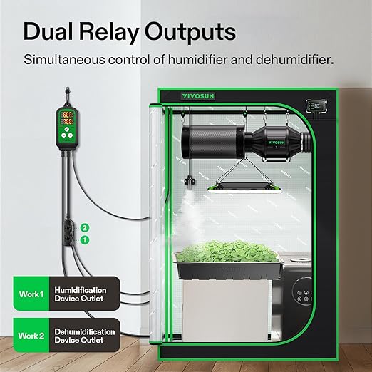 VIVOSUN Humidity Controller, 1200W Dual-Stage Outlet, Pre-Wired Digital Humidistat with Dual LED Displays for Humidifier/Dehumidifier/Fan, Ideal for Greenhouse, Grow Tent, Home-Brewing, Mushroom - Image 2