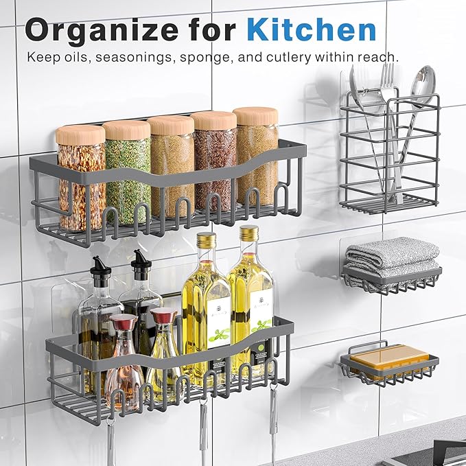 EUDELE 5-Pack Rustproof Stainless Steel Shower Caddy Set– No Drill Adhesive Bathroom Organizer, Space-Saving Shower Shelves for Apartment Essentials, Bathroom/Kitchen Storage Home Decor-L Size - Image 6