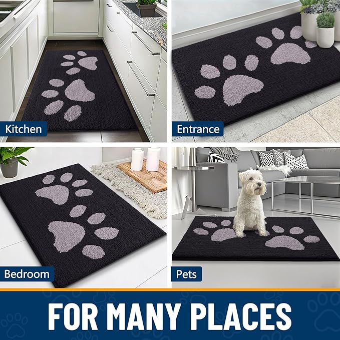 Smiry Dog Door Mat for Muddy Paws, Absorbs Moisture and Dirt, Low-Profile Entryway Mat with Non-Slip Backing, Entry Indoor Outdoor Doormat for Inside Floor (30x20 Inches, Black and Grey, Paw) - Image 9
