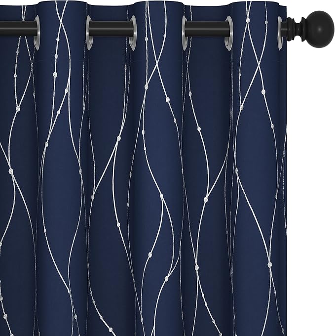 Deconovo Short Window Curtains, Navy Blue Blaakcout Curtain for Kitchen, Thermal Insulated Soundproof Drapes with Silver Wave Dots Prit, Grommet Top, Machine Washable for Nursery Bedroom Living Room by Deconovo