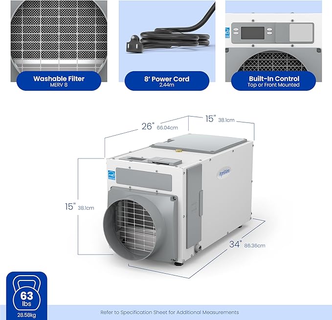 AprilAire E100 Pro 100-Pint Whole-House Dehumidifier, Energy Star Certified, Commercial-Grade Whole-Home Dehumidifier for Basement, Crawlspace, or Whole House up to 5,500 sq. ft. - Image 17