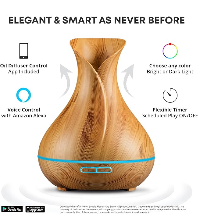 Smart WiFi Wireless Essential Oil Aromatherapy Diffuser - Works with Alexa & Google Home – Phone App & Voice Control - 400ml Ultrasonic Diffuser & Humidifier - LED & Timer Settings - Image 2