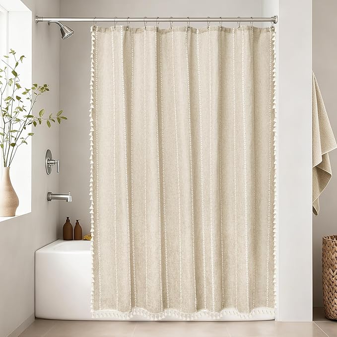 Boho Farmhouse Beige Linen Textured Shower Curtain, 72 x 84 Inch Extra Long Soft Fabric Shower Curtain Heavyweight with Tassels, Cream White Striped Bathroom Décor Curtain Water Repellent - Image 6