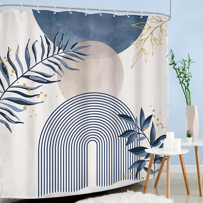 Blue Boho Shower Curtain 72Wx72H Modern Bohemian Abstract Leaves Plant Botanical Grey Mid Century Minimalist Arch Bathroom Decor Geometric Neutral Bath Curtain Fabric Polyester 12 Pack Hook - Image 3