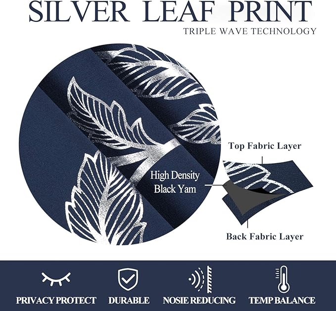 BUHUA Blackout Curtains 84 Inch Length 2 Panels Thermal Insulated Window Treatment for Bedroom Grommet Room Darkening Curtains with Wave Vine Printed (52 x 84 Inch, Navy Blue) - Image 6