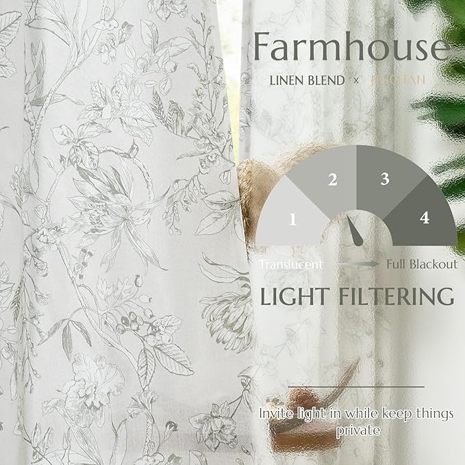 jinchan Floral Curtains 96 Inches Long Charcoal Grey Flower Linen Farmhouse Curtain for Living Room French Country Vintage Curtain Rod Pocket Curtains Set 2 Panels Gray Floral Printed - Image 3