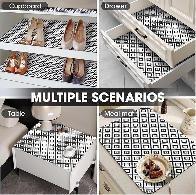 Drawer and Shelf Liner, Non-Slip Kitchen Cabinet Liners Non-Adhesive Thick Strong Grip Waterproof Washable Mats Protect Dresser Shelves Cupboard Bathroom Cabinets, Black & White, 24 in X 10 FT - Image 8
