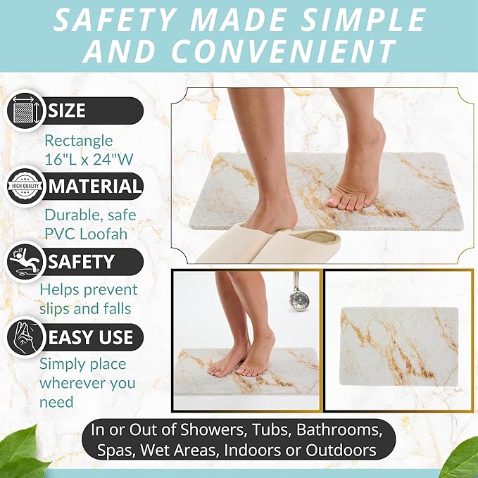 ENKOSI Loofah Non-Slip Shower and Bath Mat - Soft Cushioned Comfort - No Suction Cups for Smooth or Textured Tubs - Fast Draining - Safety for Bathroom, Family and Elderly (24x16 Marble Gold) - Image 3