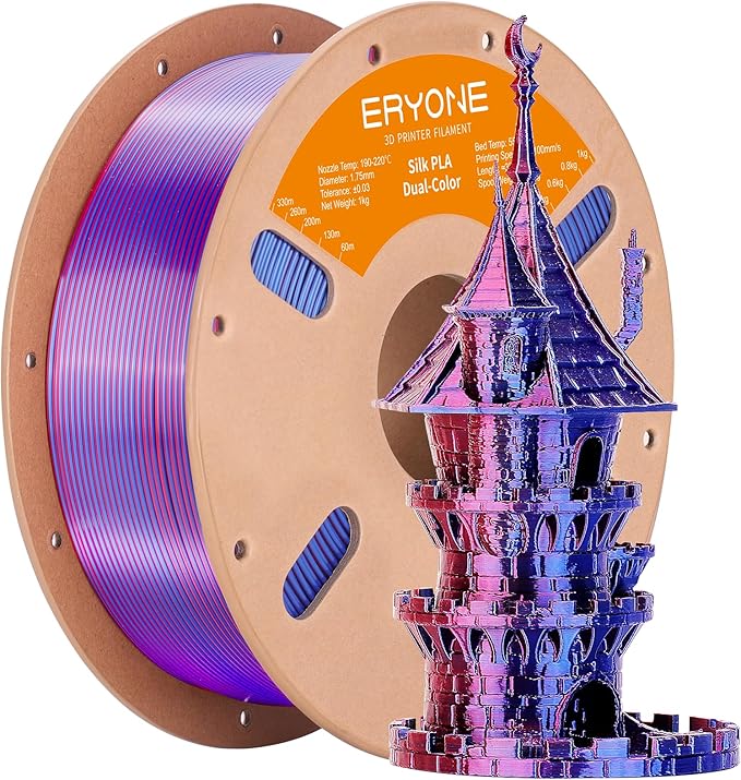 ERYONE Silk Dual Color PLA Filament 3D Printer 1.75mm +/- 0.03mm, Bicolor Filament Two Tone PLA 1KG(2.2lbs) Cardboard Spool, Red Blue by ERYONE