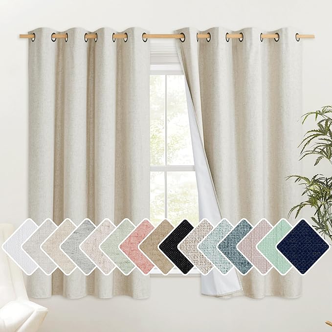 NICETOWN Natural 100% Blackout Short Curtains 63 inches Lenghth Burg for Kitchen, 2 Panels, Burlap Linen Drapes with Thermal Insulated White Liner, Keeping Out Cold Air and Heat Panels by NICETOWN