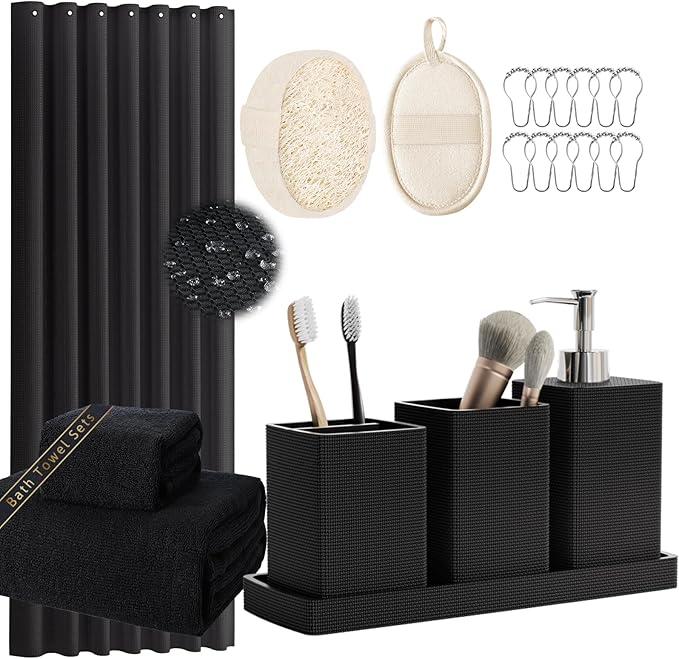 Resin Black Bathroom Sets, Black Bathroom Accessories Set with Shower Curtain, Bath Towel Set, Natural Loofah Sponge, Soap Dispenser, Toothbrush Holder, Bathroom Tumbler and Tray for Countertop by LetUsMakeHomeYourFavoriteDestination