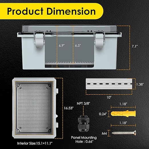 Waterproof Electrical Junction Box, IP67 ABS Plastic Junction Box Enclosure with Aluminum DIN Rail, Mounting Plate, Wall Brackets for WiFi Electronics Project, Clear (16.1''×12.2''×7.1'') - Image 3