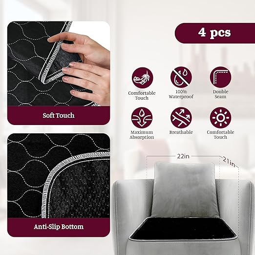 Waterproof Chair Pads for Incontinence 4 Pack Reusable Seat Protector Pads 22" x 21" Washable Chair Protector Seat Cover Chucks for Chairs Adults Elderly Kids Pets Black - Image 4