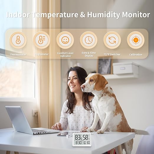 DOOMAY Room Thermometer Indoor - Hygrometer Temperature and Humidity Monitor with High Accuracy Sensor LCD Display Large Display Date Clock for Kitchen Baby Room Office (White) - Image 2