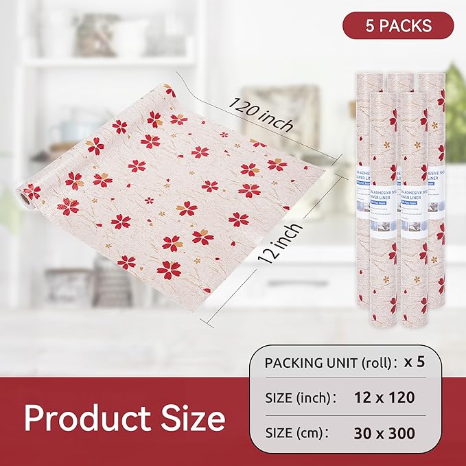 FIFTY FEET 12"x120" Non-Adhesive Shelf Liner for Kitchen Cabinets and Drawers, Washable Non-Slip PVC Cabinet Liner (Red Floral)(5 Roll) - Image 5