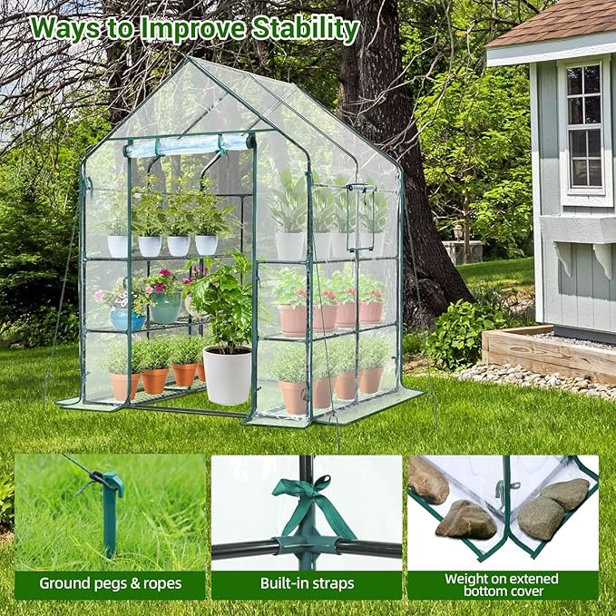 Ohuhu Plastic Greenhouse for Outdoors: Portable Walk in Plant Green House with Improved Transparent PVC Cover, 3 Tiers 12 Shelves Stands Small Greenhouses Backyard Green Houses for Outside Heavy Duty - Image 7