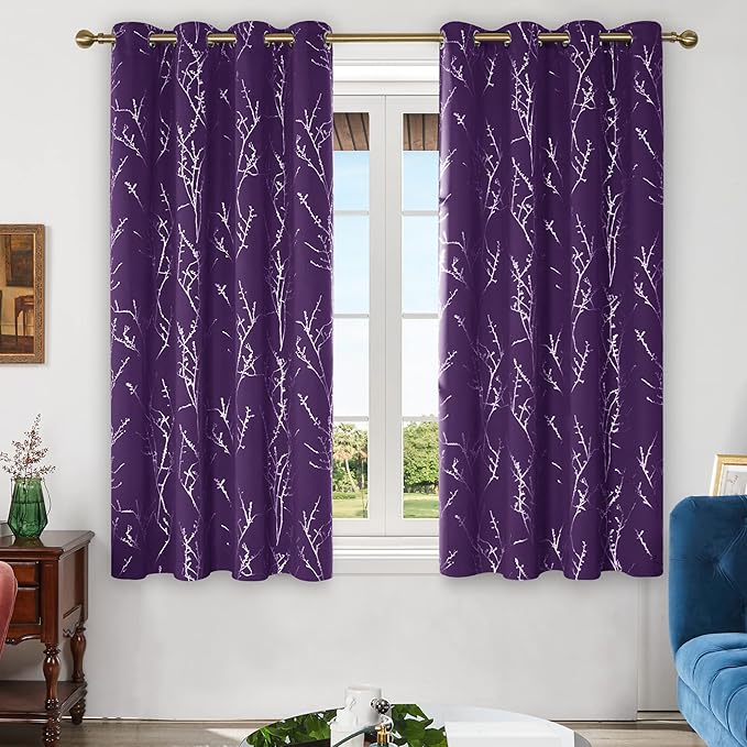 Deconovo Blackout Curtains, Purple Curtain, Thermal Insulated Soundproof Grommet Drapes, Silver Tree Foil Print, 52 x 63 Inch, 2 Panels, Machine Washable Window Panel for Living Room Bedroom Office - Image 2