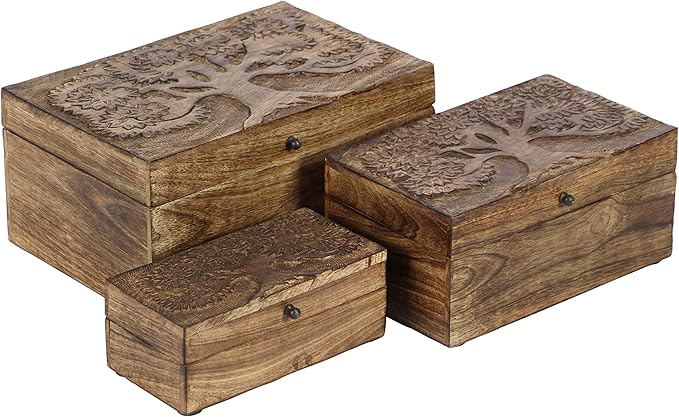 Deco 79 Mango Wood Floral Handmade Decorative Box Decorative Keepsake Boxes with Hinged Lid, Set of 3 Storage Boxes 8", 10", 12"W, Brown - Image 10