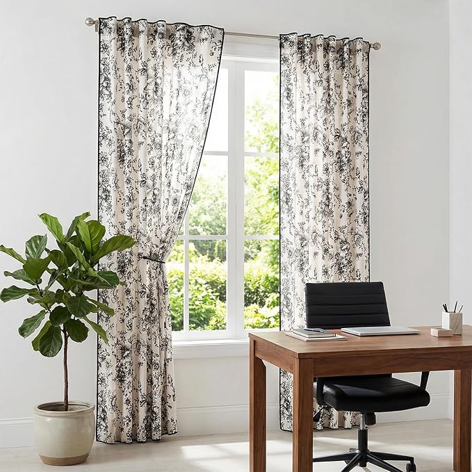 JINCHAN Linen Blend Floral Curtains French Country Curtain for Living Room 84 Inch Length Black Printed Curtain Rod Pocket Back Tab Farmhouse Peony Flower Patterned Drapes Window Curtains Set 2 Panels - Image 6