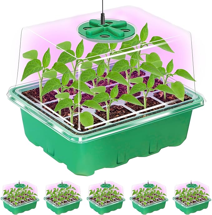 Bonviee 5 Packs Seed Starter Tray with Plant Light, Elevated Seedling Starter Trays Kits with Adjustable Humidity Domes and Clear Cell Tray, 12 Full Spectrum led lamp Beads for Plants Indoor-Green by BonvieeDirect