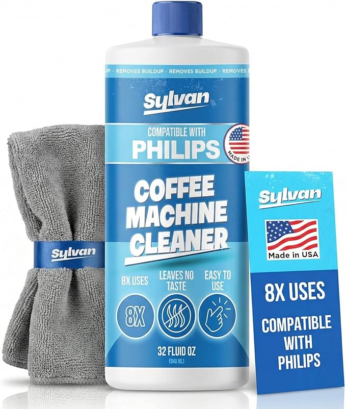 Descaling Solution Compatible with Philips Saeco | Free Cleaning Cloth | 12 Month Supply | Made in the USA | Descaler for Philips Machines | 32 Oz | Coffee Machine Cleaner and Decalcifier by SylvanHills