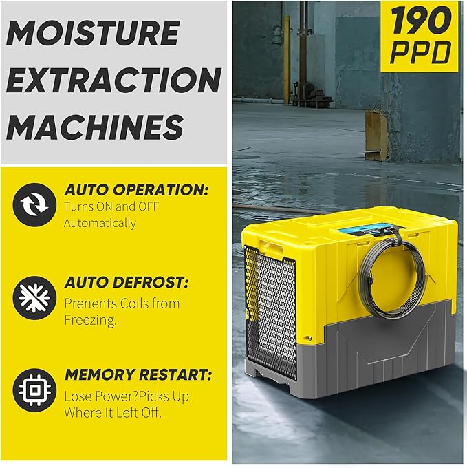 190PPD Commercial Dehumidifier with Pump for Basement-6000Sq.Ft. Warehouse, Large Space Crawl Space Dehumidifier for Efficient Water Damage Restoration-Auto Defrost, Memory Starting, Yelow-2PC - Image 2