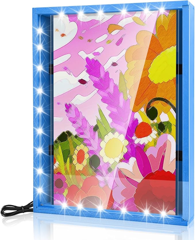 Dried Flowers Shadow Box with LED Light Dimmable Changeable Pictures Display Frame Wall-mounted & Tabletop Photo Album Display (Indigo) - Image 4